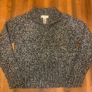 Evan-Picone Sweater Medium Black and White Tweed Zip Up Cardigan with Pockets